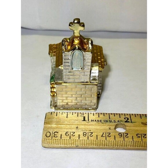 Church Trinket Box, Hinged Collectible, Frosted White Enamel Gold Tone, Crystals - Picture 3 of 6